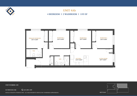 A floor plan for Unit 4Ab shows a 4 bedroom, 1 washroom apartment sized at 1193 square feet.